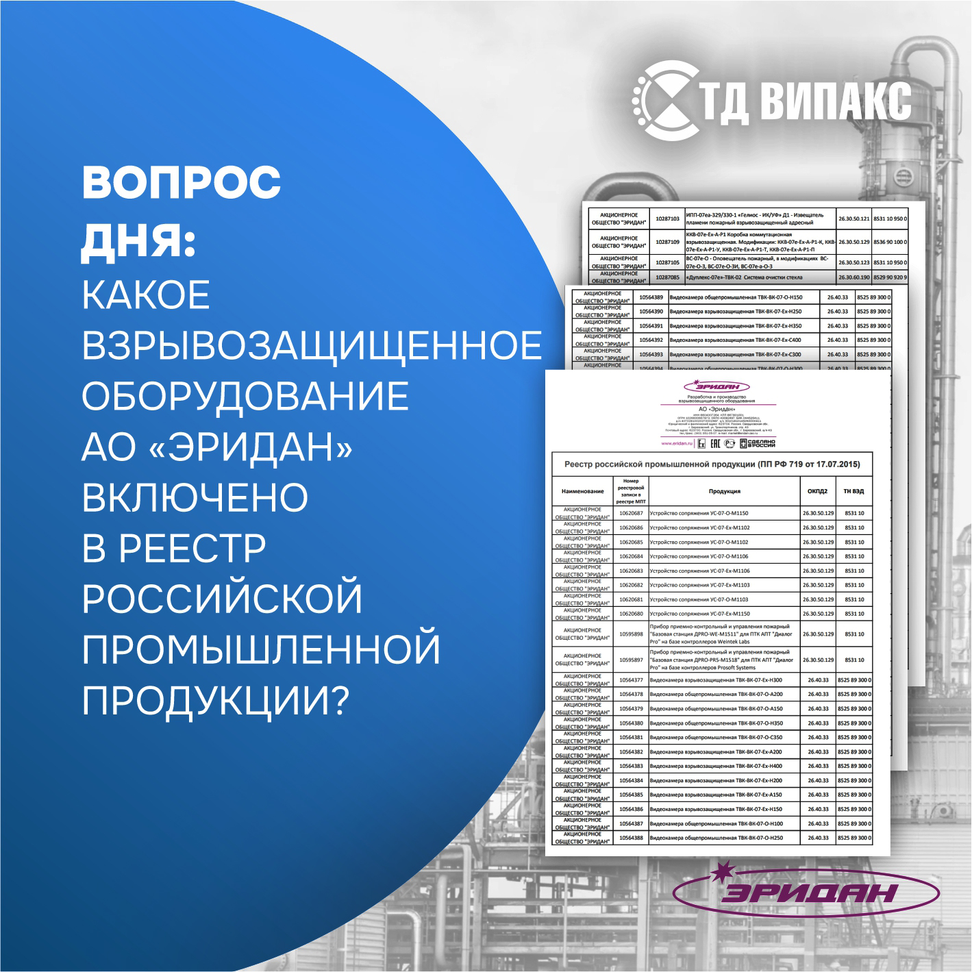 Какое взрывозащищенное оборудование АО «Эридан» включено в реестр российской промышленной продукции?